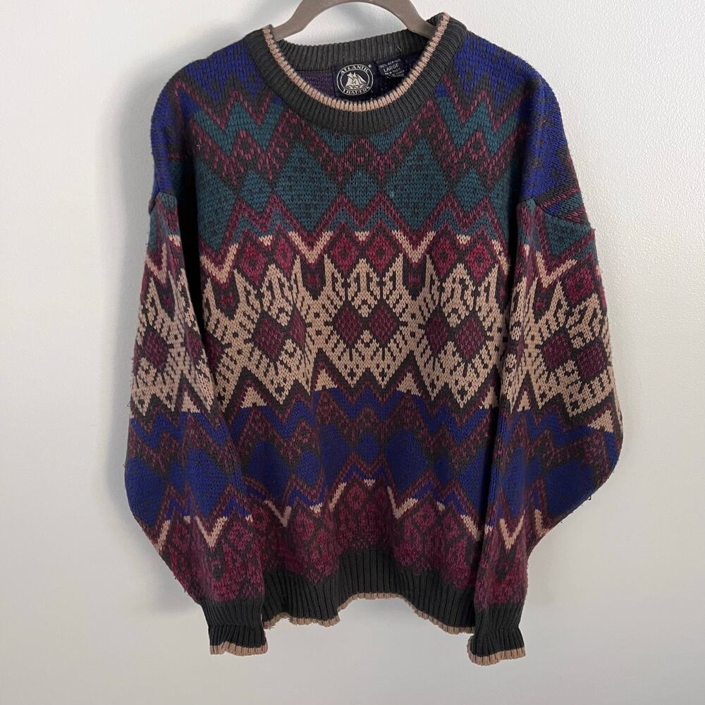 Vtg Atlantic Traders Multicolor Patterned Pullover Sweater Size L